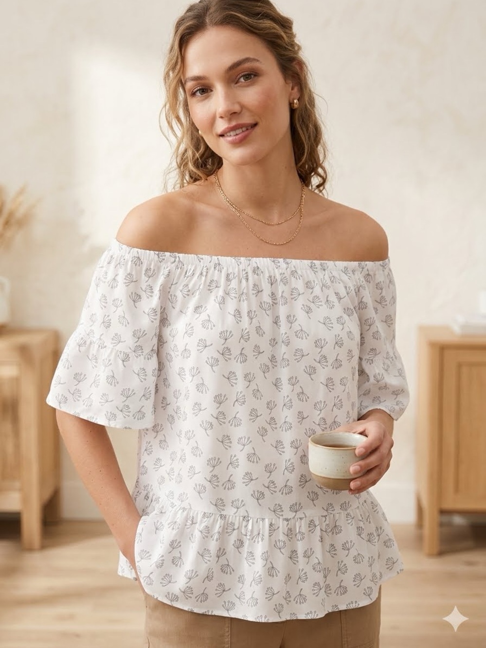 LOFT Bohemian Peasant White Floral Off-Shoulder Blouse Soft Pink Accents XS NWOT
